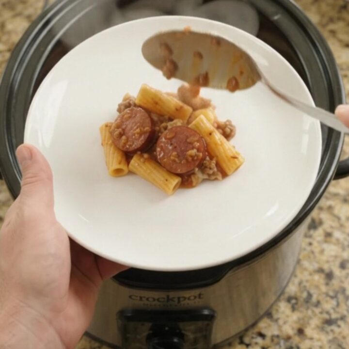 Slow cooker kielbasa rigatoni with melted provolone and ricotta in a Crockpot
