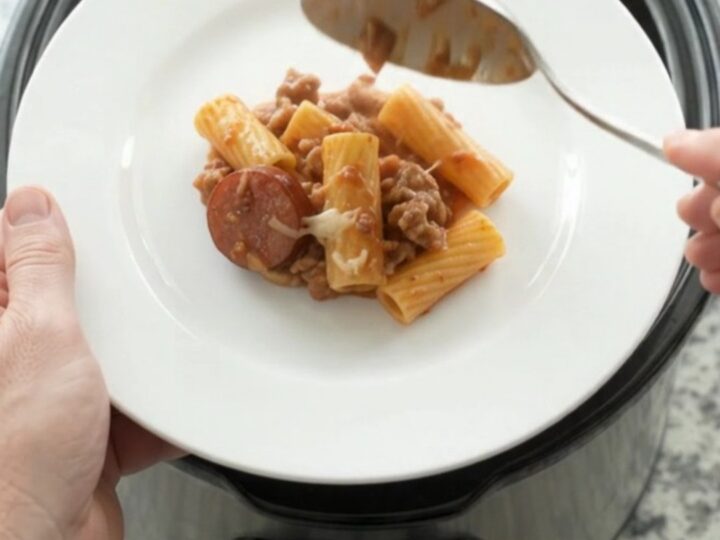 Slow cooker full of cheesy rigatoni with kielbasa and tomato sauce, golden crust on top.