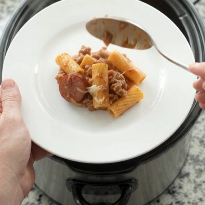 Slow cooker full of cheesy rigatoni with kielbasa and tomato sauce, golden crust on top.