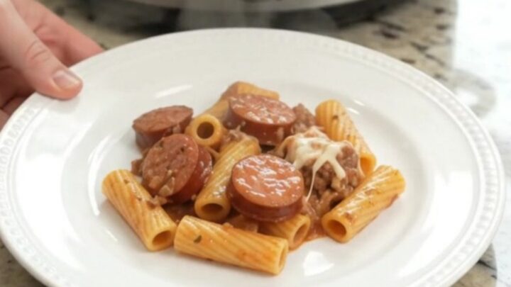 Creamy slow-cooker rigatoni with kielbasa, Boursin, and fontina in a black crock