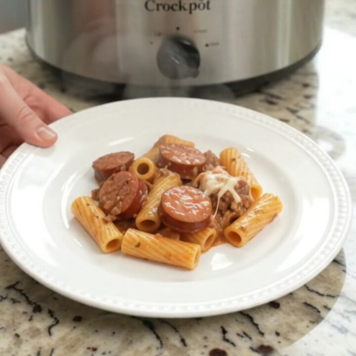 Creamy slow-cooker rigatoni with kielbasa, Boursin, and fontina in a black crock