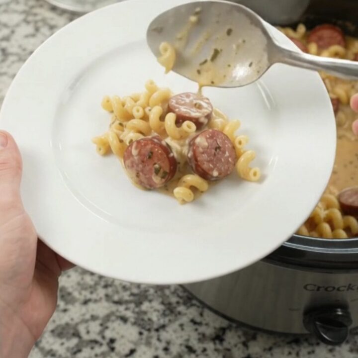 Slow cooker filled with creamy cavatappi pasta and kielbasa, topped with melted cheese