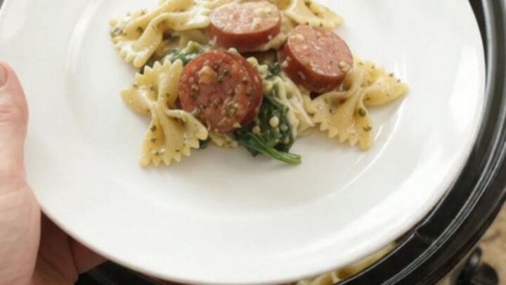 Crockpot full of creamy pesto farfalle with smoked kielbasa, melted mozzarella, and wilted spinach