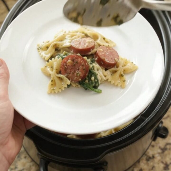 Crockpot full of creamy pesto farfalle with smoked kielbasa, melted mozzarella, and wilted spinach