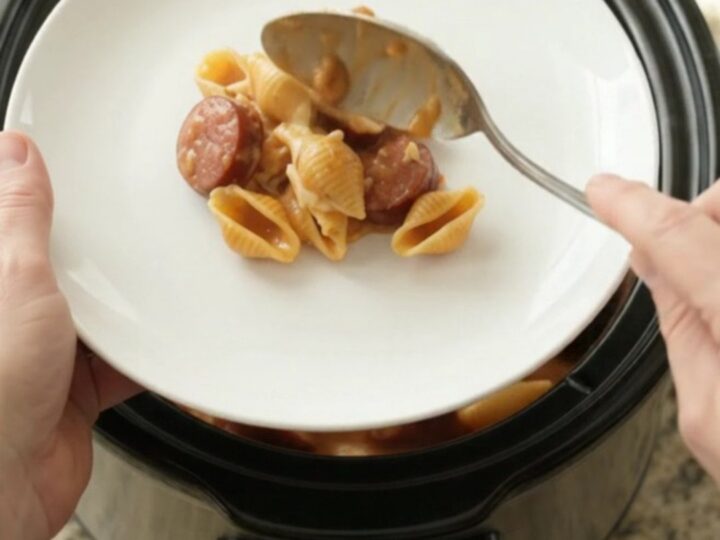 Slow cooker filled with creamy pasta shells, kielbasa, and melted cheese, topped with Boursin and fontina