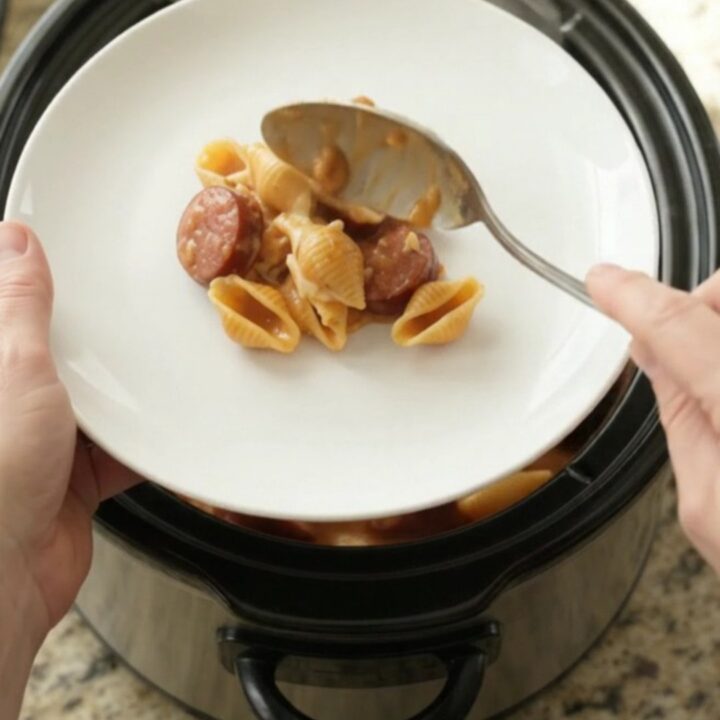 Slow cooker filled with creamy pasta shells, kielbasa, and melted cheese, topped with Boursin and fontina
