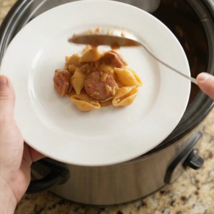 Slow cooker filled with cheesy pasta shells and smoked kielbasa, topped with melted cheese and Parmesan crust