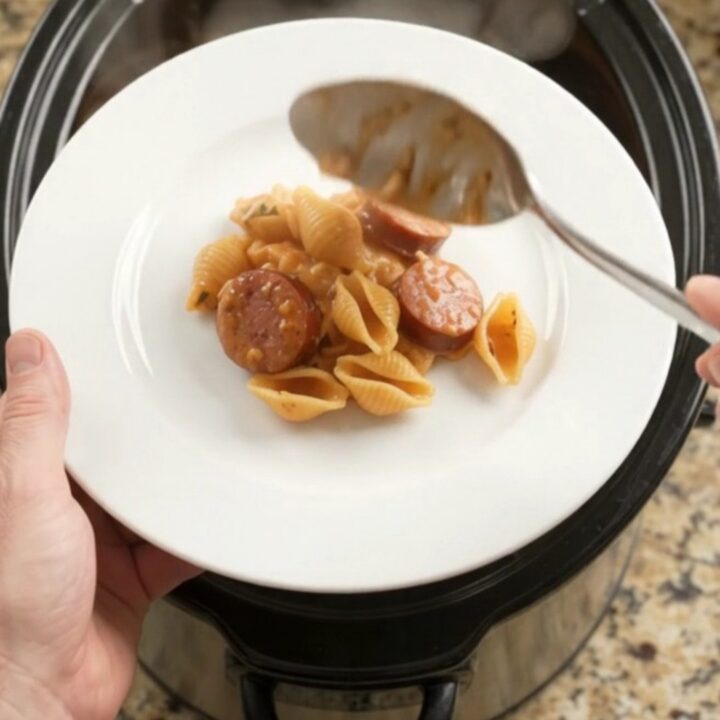 Bubbling Crockpot casserole with smoked kielbasa, pasta shells, and melted provolone cheese