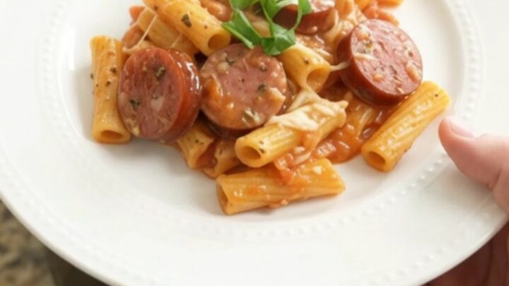 Crockpot Parmesan Kielbasa Baked Ziti with bubbling cheese and caramelized sausage, served in a white bowl