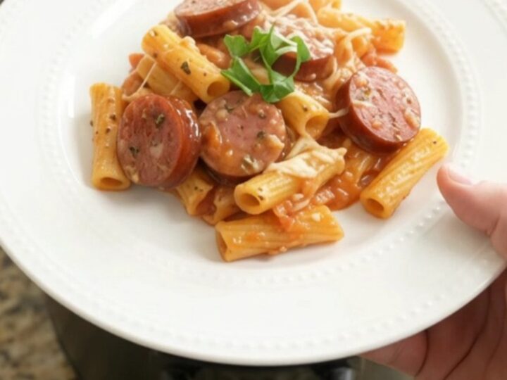 Crockpot Parmesan Kielbasa Baked Ziti with bubbling cheese and caramelized sausage, served in a white bowl