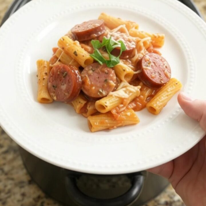 Crockpot Parmesan Kielbasa Baked Ziti with bubbling cheese and caramelized sausage, served in a white bowl
