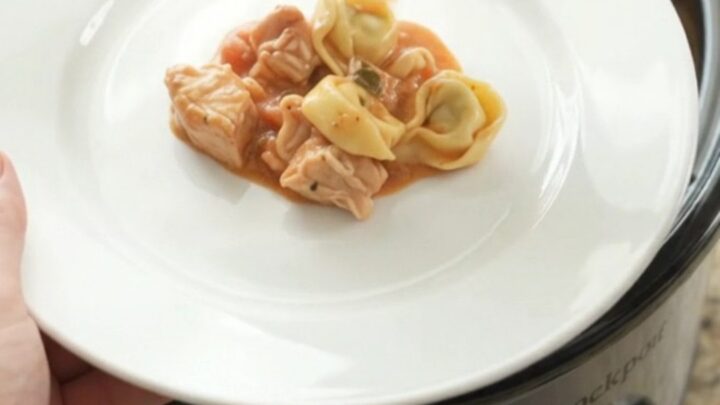 Slow cooker chicken marinara tortellini with melted cheese and a spoonful lifting a cheesy bite.