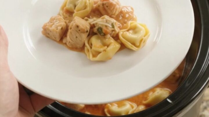 Slow cooker filled with bubbling chicken tortellini in creamy tomato sauce, topped with melted provolone.