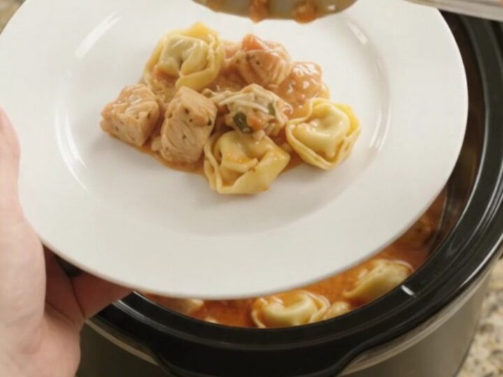 Slow cooker filled with bubbling chicken tortellini in creamy tomato sauce, topped with melted provolone.