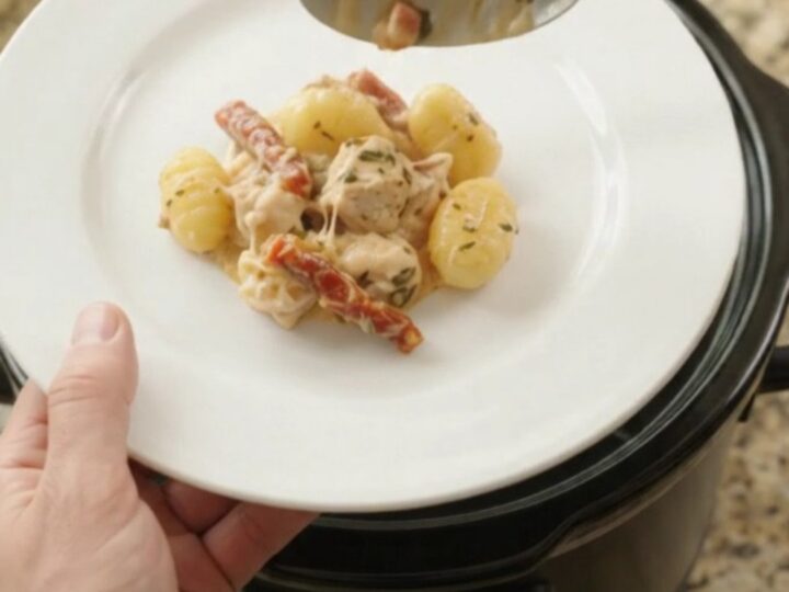 Crockpot Boursin chicken and gnocchi with creamy sauce, topped with melted fontina, in a black slow cooker.