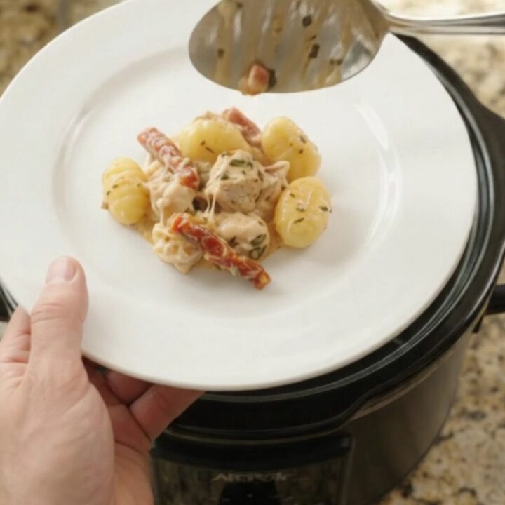 Crockpot Boursin chicken and gnocchi with creamy sauce, topped with melted fontina, in a black slow cooker.