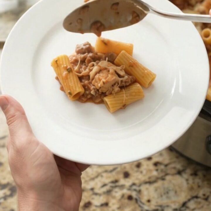 Slow cooker filled with creamy chicken rigatoni, topped with melted fontina and herbs.