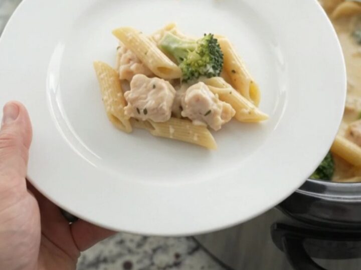 Slow cooker filled with creamy chicken Alfredo penne, topped with melted provolone and ricotta.