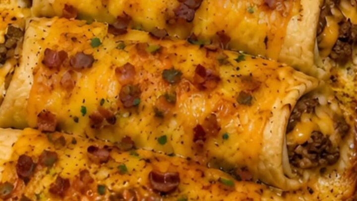 A golden-brown bacon cheeseburger crescent bake in a glass dish, garnished with fresh parsley.