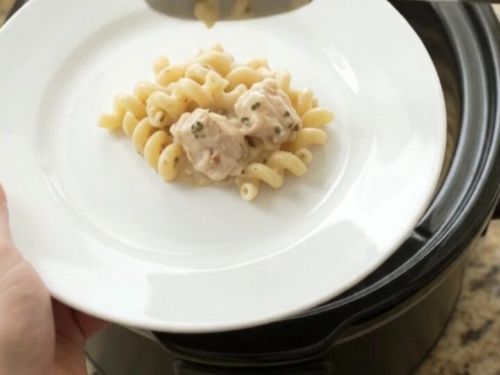 Creamy cavatappi pasta with chicken and melted provolone in a black slow cooker