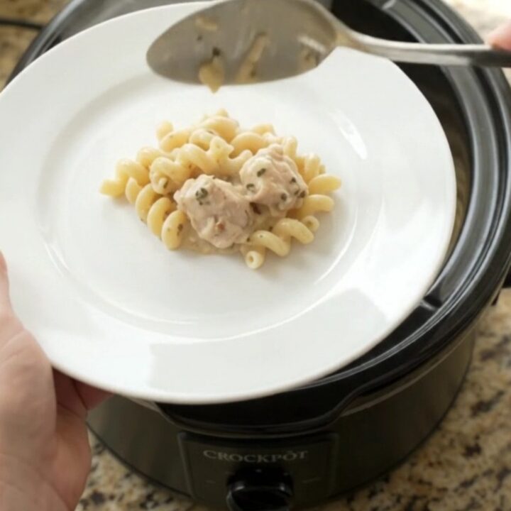 Creamy cavatappi pasta with chicken and melted provolone in a black slow cooker