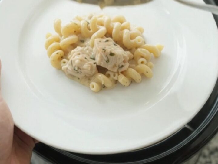 Creamy Crockpot chicken cavatappi with Boursin and fontina, served in a black slow cooker
