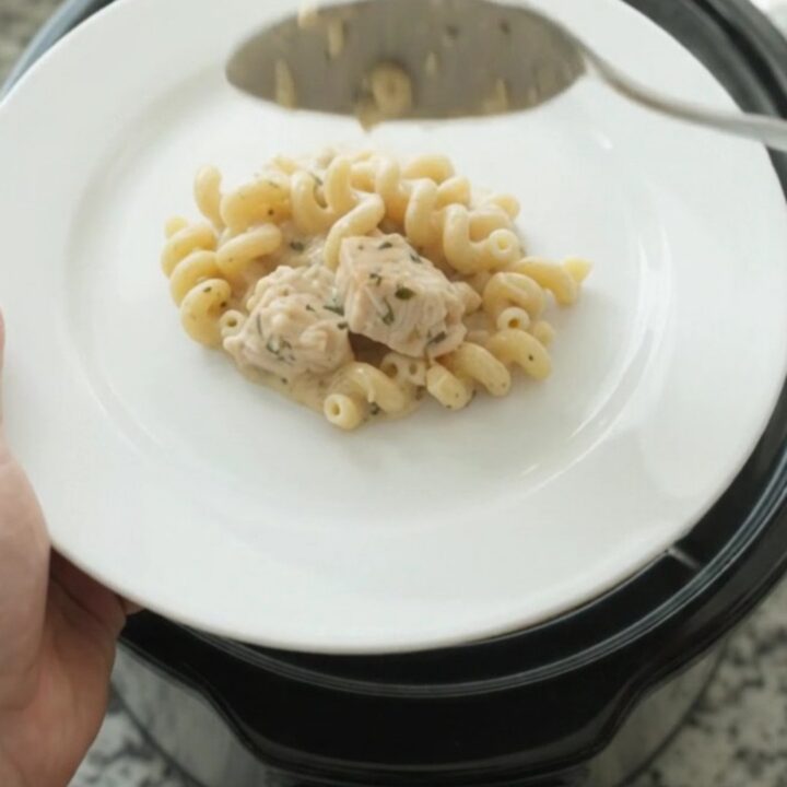Creamy Crockpot chicken cavatappi with Boursin and fontina, served in a black slow cooker