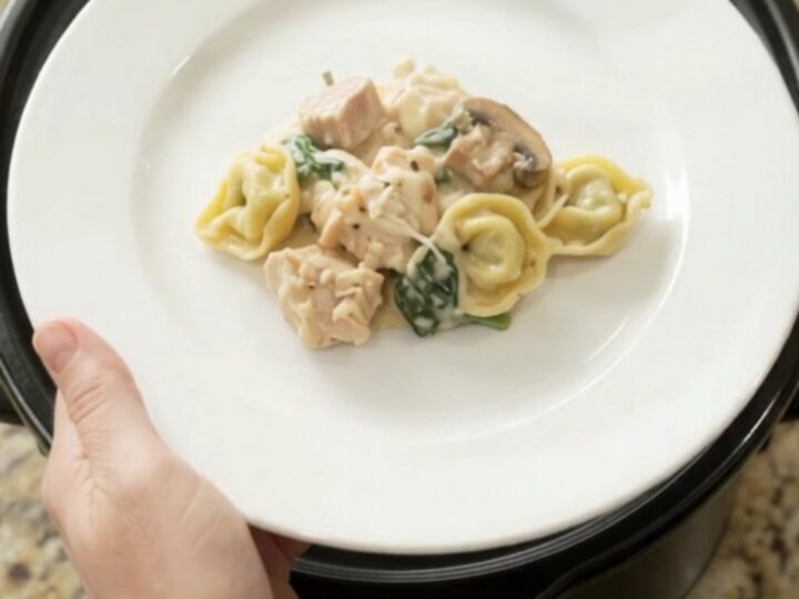 Creamy slow-cooker chicken tortellini with melted mozzarella and mushrooms in a black Crockpot