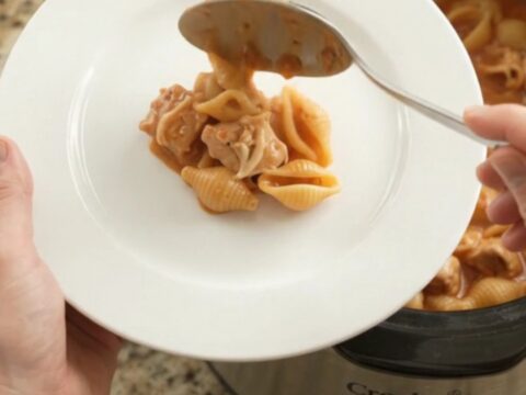Slow cooker filled with creamy chicken and pasta shells topped with melted provolone.