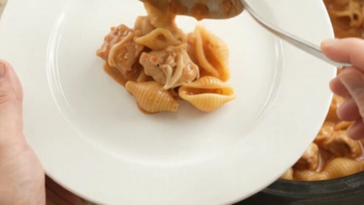 Slow cooker filled with creamy chicken and pasta shells topped with melted provolone.