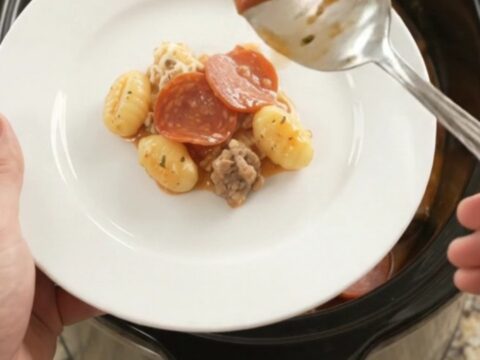 Bubbling Crockpot gnocchi with pepperoni, sausage, and melted provolone
