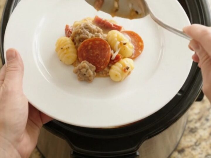 Slow cooker filled with creamy pepperoni sausage gnocchi, topped with melted mozzarella and steam rising.