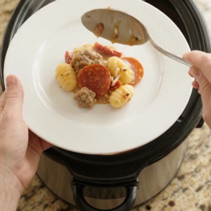 Slow cooker filled with creamy pepperoni sausage gnocchi, topped with melted mozzarella and steam rising.