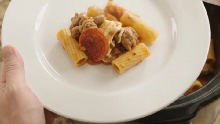 Bubbling slow-cooker rigatoni with pepperoni, sausage, and melted provolone