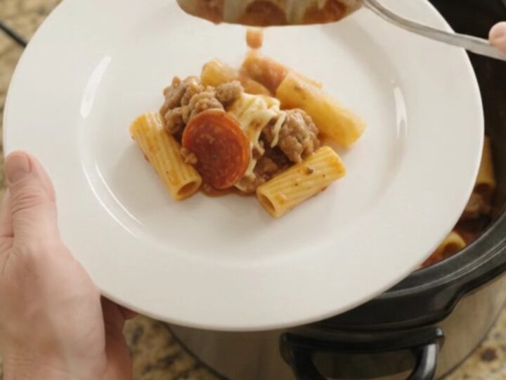 Bubbling slow-cooker rigatoni with pepperoni, sausage, and melted provolone