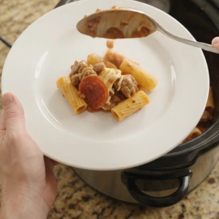 Bubbling slow-cooker rigatoni with pepperoni, sausage, and melted provolone