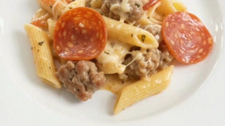 A bubbling Crockpot full of creamy Alfredo penne with pepperoni, sausage, and broccoli, topped with melted cheese.