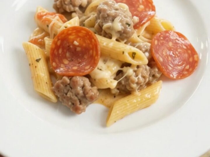 A bubbling Crockpot full of creamy Alfredo penne with pepperoni, sausage, and broccoli, topped with melted cheese.