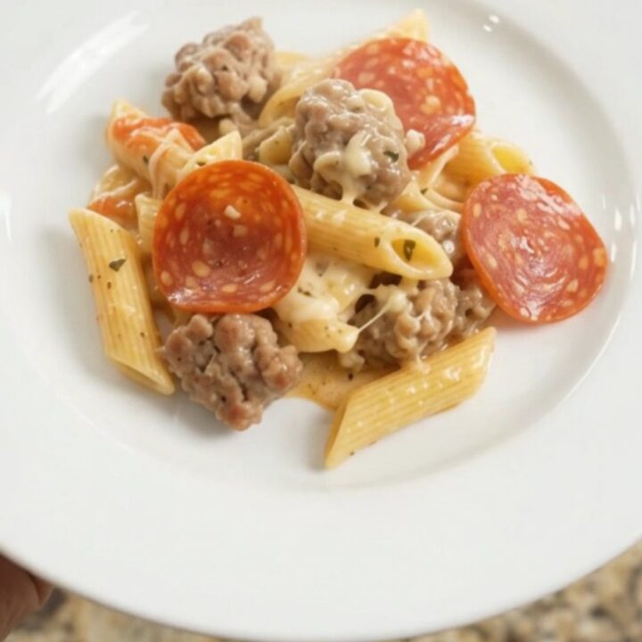 A bubbling Crockpot full of creamy Alfredo penne with pepperoni, sausage, and broccoli, topped with melted cheese.