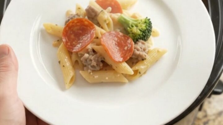 Bubbling Crockpot Boursin Pepperoni Sausage Alfredo Penne with melted cheese
