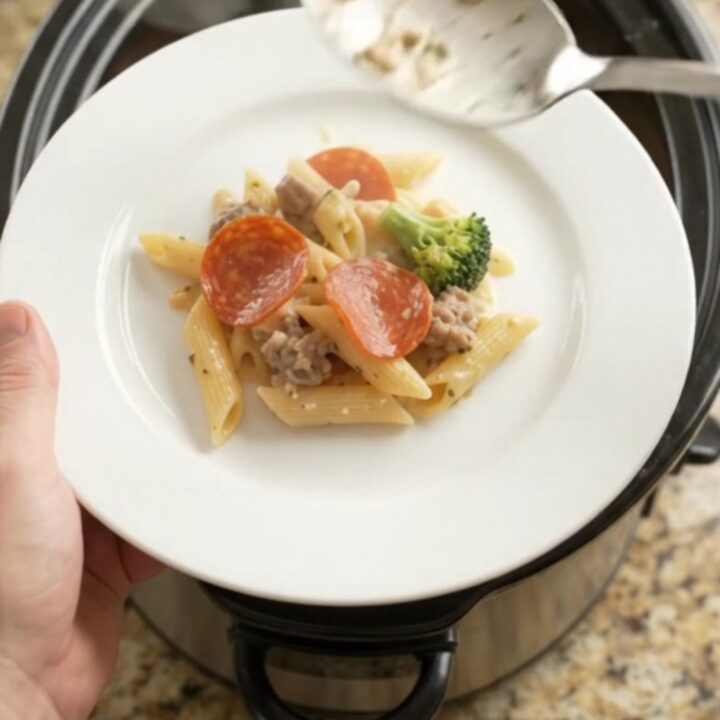 Bubbling Crockpot Boursin Pepperoni Sausage Alfredo Penne with melted cheese