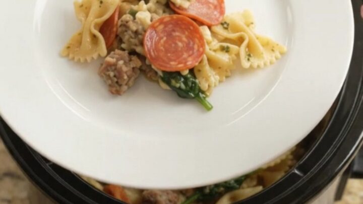 Bubbling slow cooker pasta with melted mozzarella and pepperoni