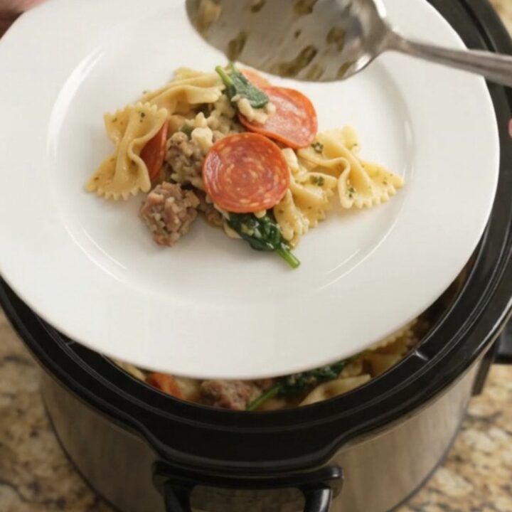 Bubbling slow cooker pasta with melted mozzarella and pepperoni