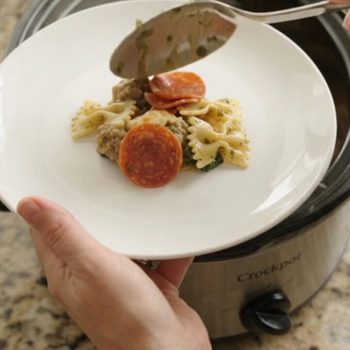 Slow cooker filled with cheesy pepperoni sausage pesto farfalle, with melted cheese and steam rising