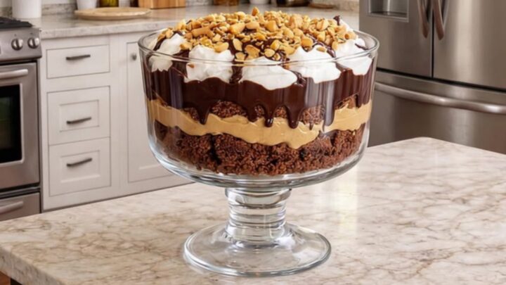 A multi-layered peanut fudge brownie trifle in a clear stemmed glass bowl on a marble counter.