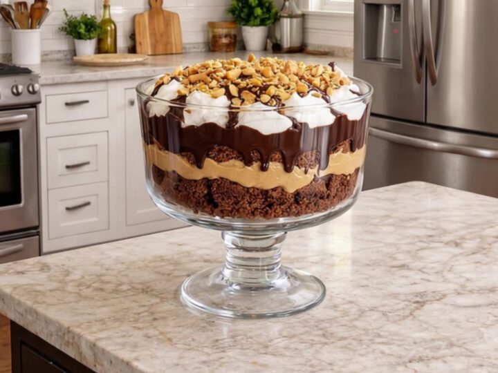 A multi-layered peanut fudge brownie trifle in a clear stemmed glass bowl on a marble counter.
