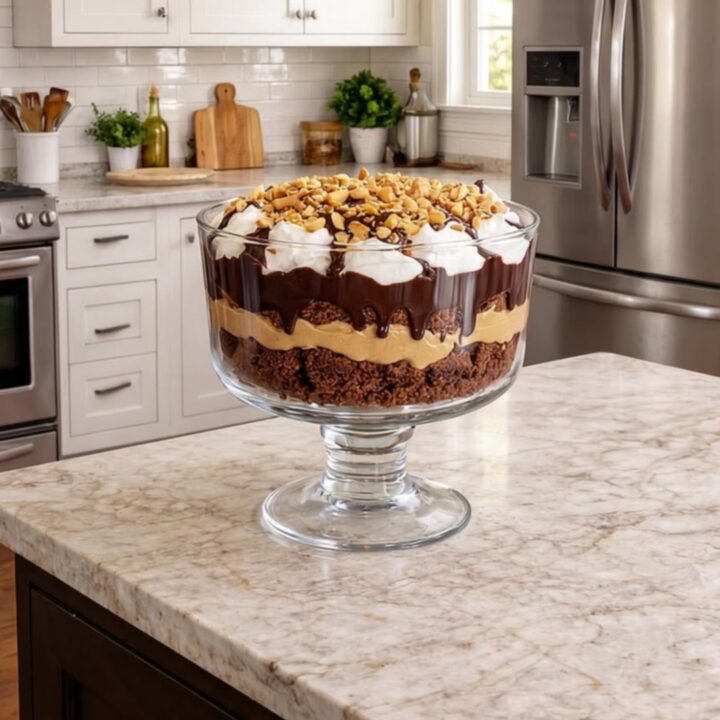 A multi-layered peanut fudge brownie trifle in a clear stemmed glass bowl on a marble counter.