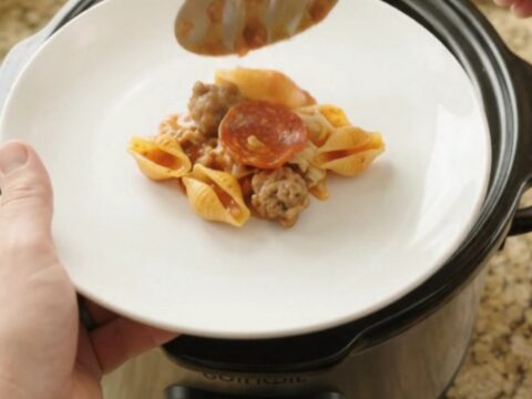 A slow cooker filled with bubbling pasta shells, pepperoni, and sausage in a creamy red pepper sauce