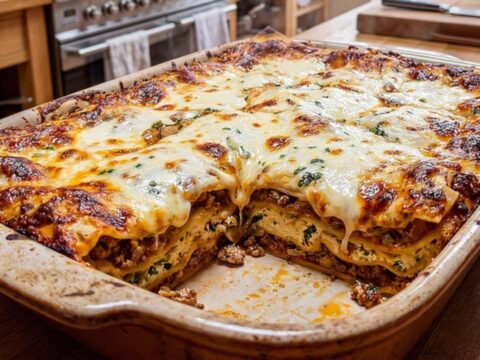 A slice of classic lasagna on a plate showing layers of meat, cheese, and pasta.