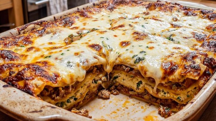 A slice of classic lasagna on a plate showing layers of meat, cheese, and pasta.
